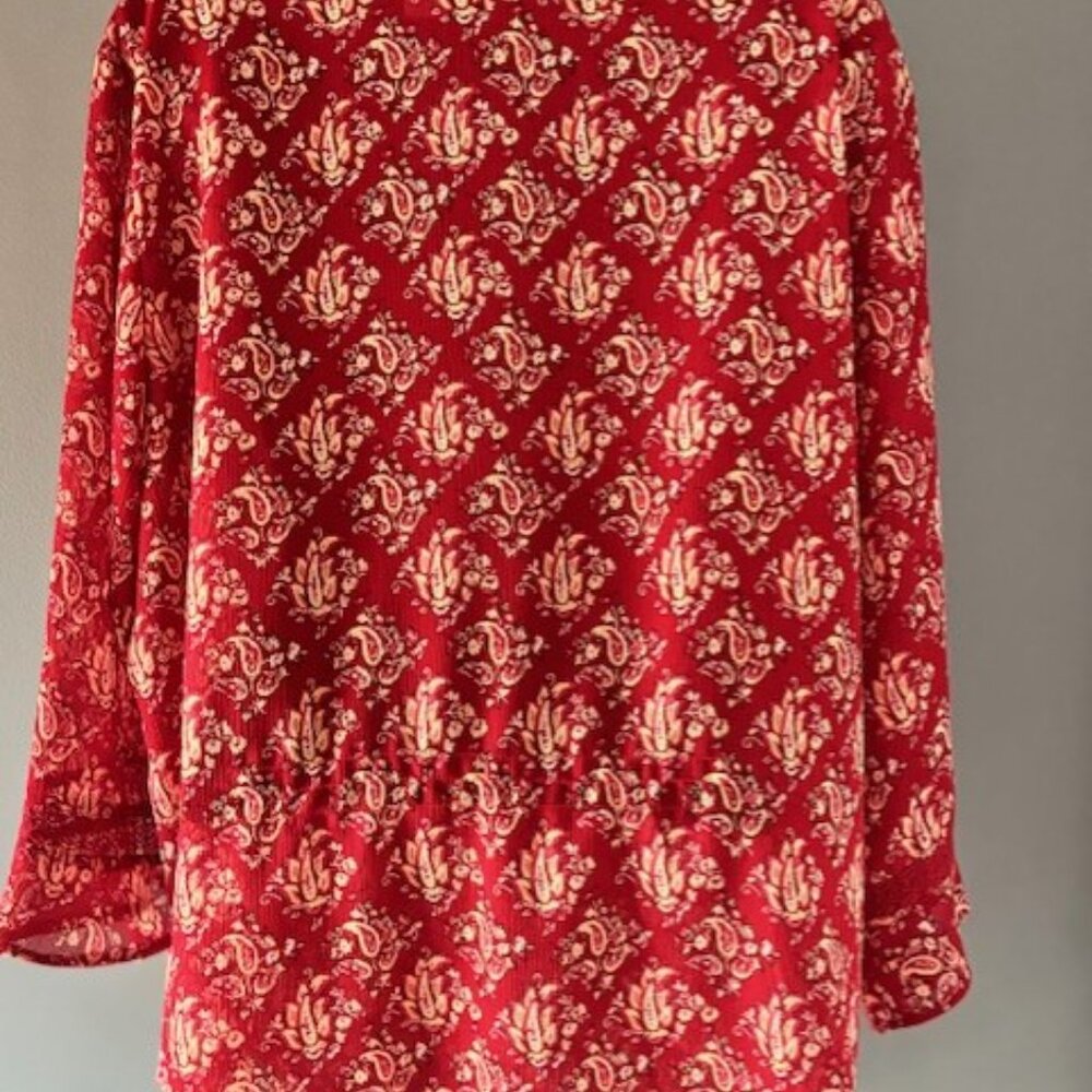 Liz Claiborne Woman 18W Red Paisley Button Front Lace Cuff Sleeve Blouse Boho - Picture 3 of 7
